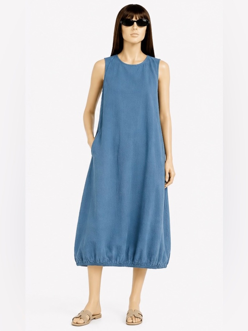 Eileen Fisher Blue Sleeveless Lagenlook Dress Minimalist Quiet Luxury Size XS
